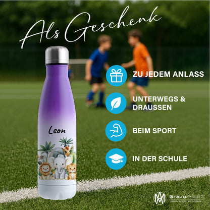 Trinkflasche mit Farbverlauf in Weiß/Violett 500ml aus Edelstahl bedruckt mit Dschungel Tieren"Dschungel Tiere" personalisierbar für Kinder mit Wunschname