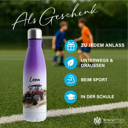 Thermoflasche 500ml in Weiß/Violett bedruckt mit tollen Motiven für Kinder "Traktor" personalisierbar mit Wunschname