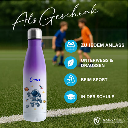 Thermoflasche 500ml in Weiß/Violett bedruckt mit tollen Motiven für Kinder "Astronaut" personalisierbar mit Wunschname
