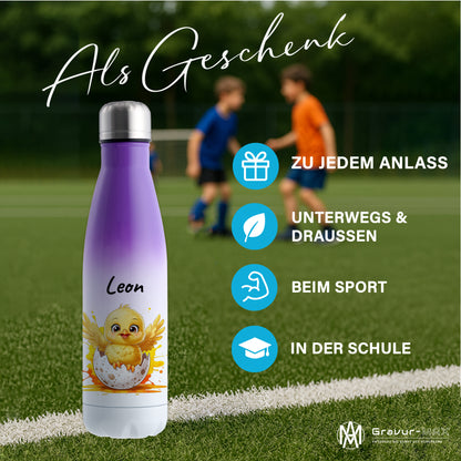 Trinkflasche in Weiß/Violett 500ml aus Edelstahl bedruckt mit niedlichen Tieren "Küken" personalisierbar für Kinder mit Wunschname