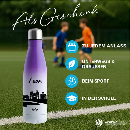 Trinkflasche in Weiß/Violett 500ml aus Edelstahl bedruckt mit der Skyline von Trier personalisierbar mit Wunschname