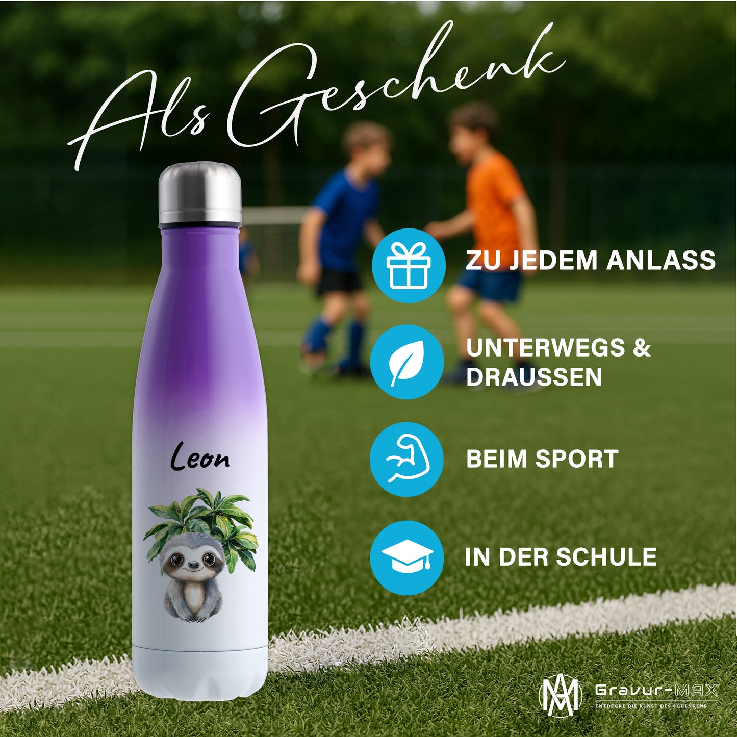 Trinkflasche mit Farbverlauf in Weiß/Violett 500ml aus Edelstahl bedruckt mit Dschungel Tieren"Faultier" personalisierbar für Kinder mit Wunschname