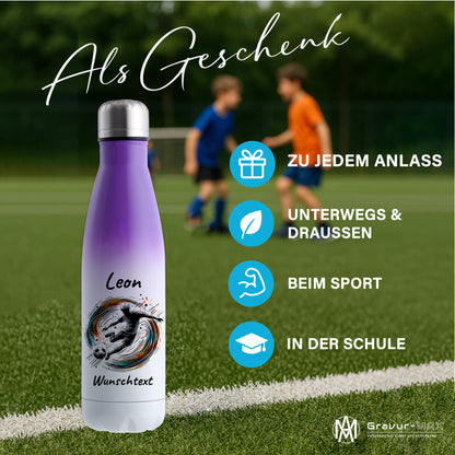 Thermoflasche 500ml in Weiß/Violett aus Edelstahl bedruckt "Fußball" Motiv1 personalisierbar mit Wunschname & Text