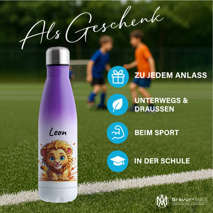 Trinkflasche in Weiß/Violett 500ml aus Edelstahl bedruckt mit niedlichen Tieren "Löwe" personalisierbar für Kinder mit Wunschname
