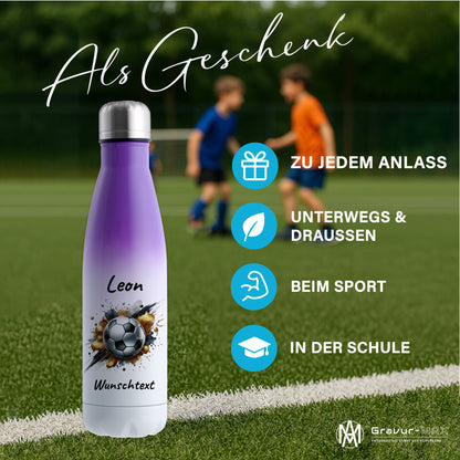 Thermoflasche 500ml in Weiß/Violett aus Edelstahl bedruckt "Fußball" Motiv13 personalisierbar mit Wunschname & Text