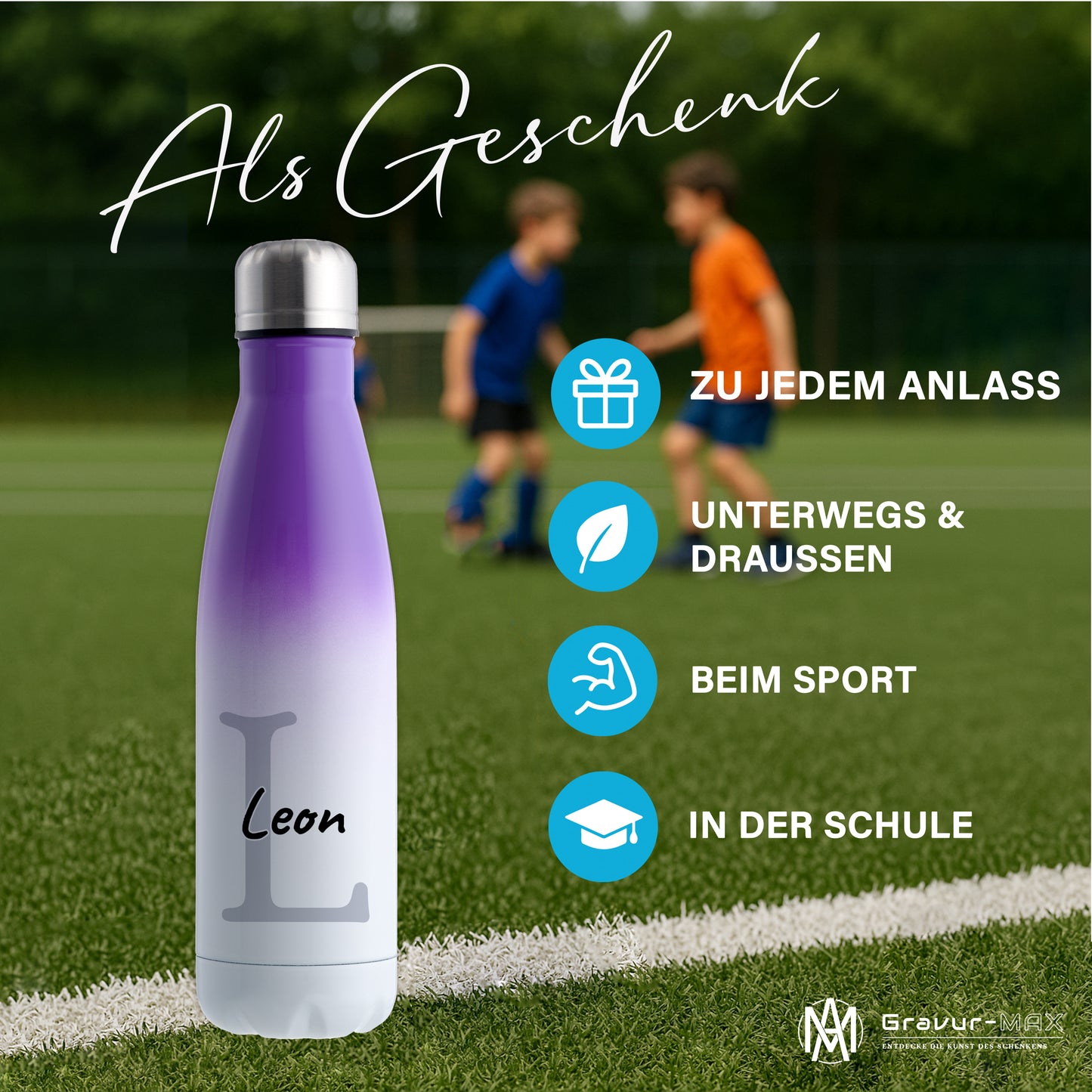 Thermoflasche 500ml aus Edelstahl in Weiß/Violett personalisierbar mit Wunschname auslaufsichere Trinkflasche