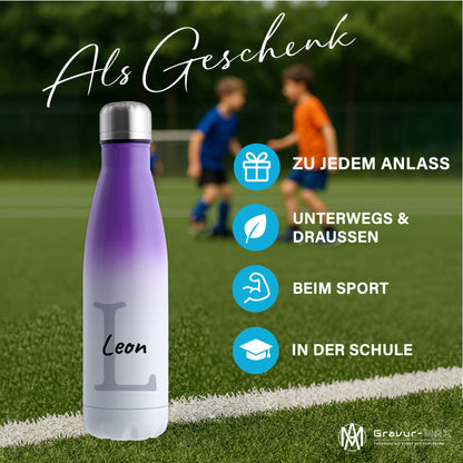 Thermoflasche 500ml aus Edelstahl in Weiß/Violett personalisierbar mit Wunschname auslaufsichere Trinkflasche