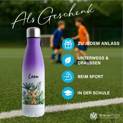 Trinkflasche mit Farbverlauf in Weiß/Violett 500ml aus Edelstahl bedruckt mit Dschungel Tieren"Giraffe" personalisierbar für Kinder mit Wunschname
