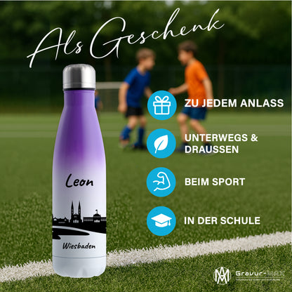 Trinkflasche in Weiß/Violett 500ml aus Edelstahl bedruckt mit der Skyline von Wiesbaden personalisierbar mit Wunschname