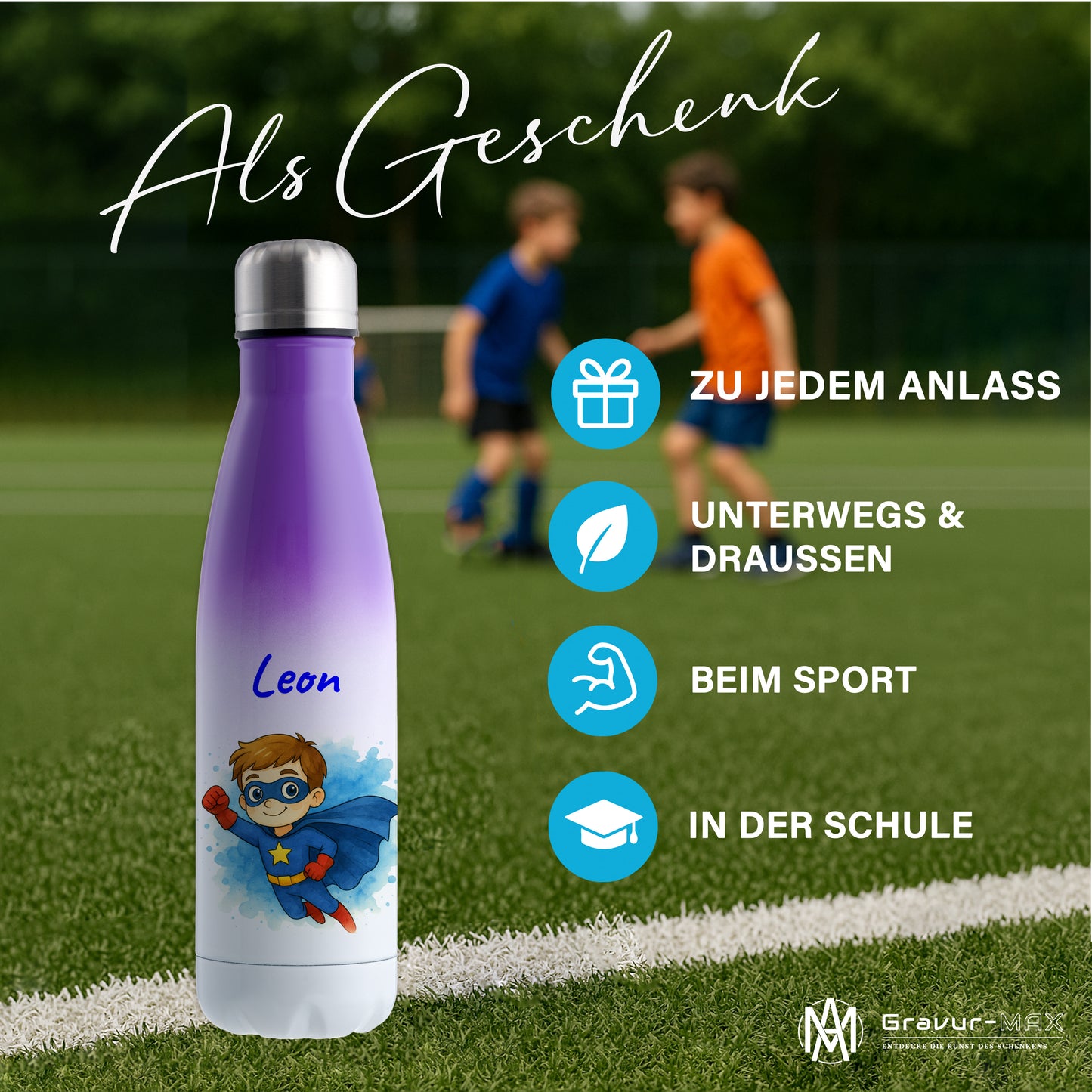 Thermoflasche 500ml in Weiß/Violett bedruckt mit tollen Motiven für Kinder "Superheld" personalisierbar mit Wunschname