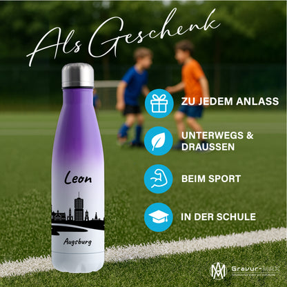 Trinkflasche in Weiß/Violett 500ml aus Edelstahl bedruckt mit der Skyline von Augsburg personalisierbar mit Wunschname