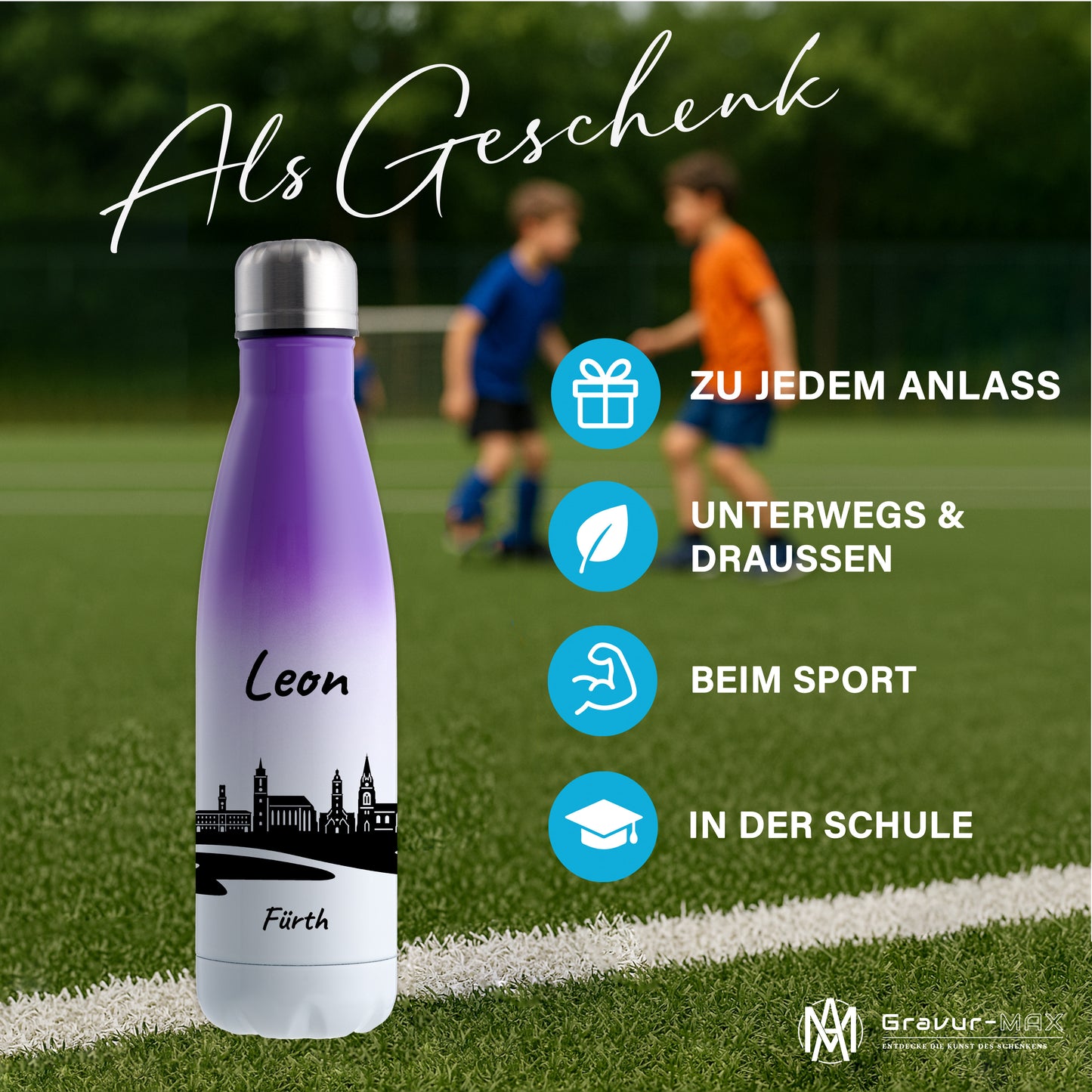 Trinkflasche in Weiß/Violett 500ml aus Edelstahl bedruckt mit der Skyline von Fürth personalisierbar mit Wunschname