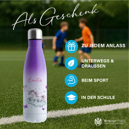 Thermoflasche 500ml in Weiß/Violett bedruckt mit tollen Motiven für Kinder "Einhorn Wolke" personalisierbar mit Wunschname
