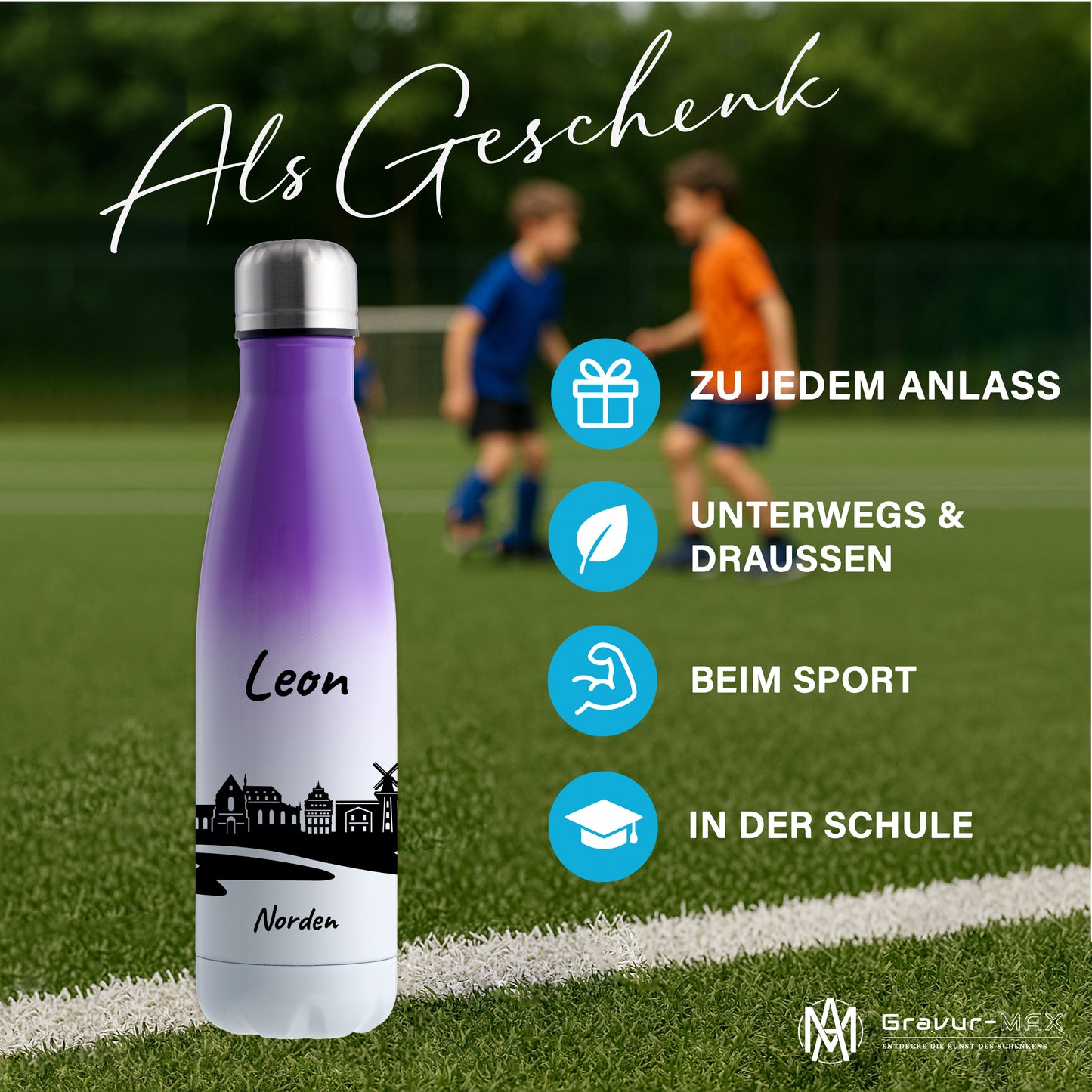 Trinkflasche in Weiß/Violett 500ml aus Edelstahl bedruckt mit der Skyline von Norden personalisierbar mit Wunschname