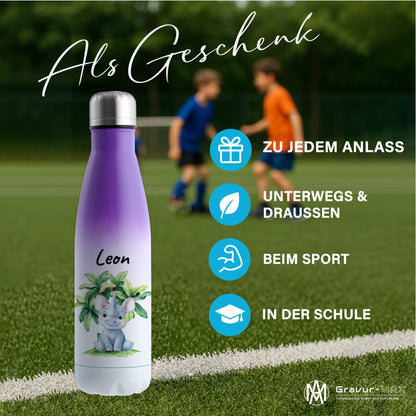 Trinkflasche mit Farbverlauf in Weiß/Violett 500ml aus Edelstahl bedruckt mit Dschungel Tieren"Nashorn" personalisierbar für Kinder mit Wunschname