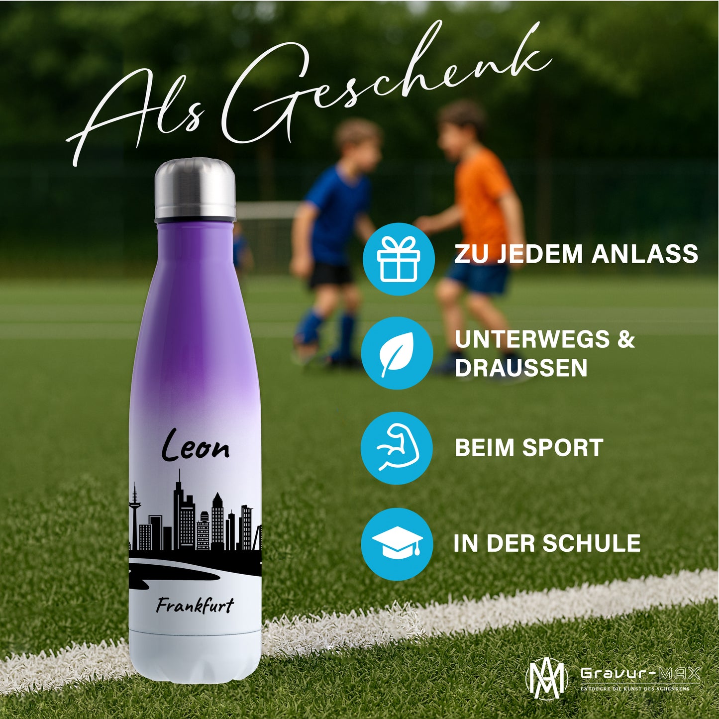 Trinkflasche in Weiß/Violett 500ml aus Edelstahl bedruckt mit der Skyline von Frankfurt personalisierbar mit Wunschname