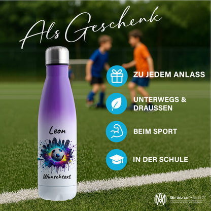 Thermoflasche 500ml in Weiß/Violett aus Edelstahl bedruckt "Fußball" Motiv7 personalisierbar mit Wunschname & Text