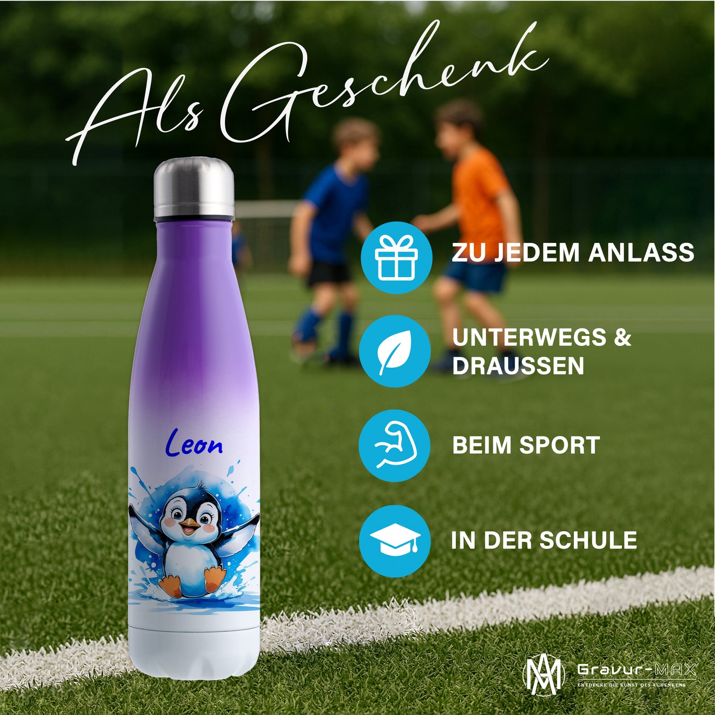 Trinkflasche in Weiß/Violett 500ml aus Edelstahl bedruckt mit niedlichen Tieren "Pinguin" personalisierbar für Kinder mit Wunschname