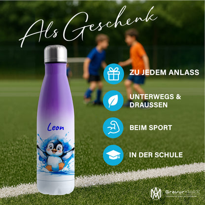 Trinkflasche in Weiß/Violett 500ml aus Edelstahl bedruckt mit niedlichen Tieren "Pinguin" personalisierbar für Kinder mit Wunschname