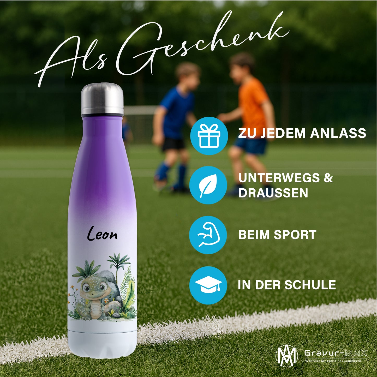 Trinkflasche mit Farbverlauf in Weiß/Violett 500ml aus Edelstahl bedruckt mit Dschungel Tieren"Krokodil" personalisierbar für Kinder mit Wunschname