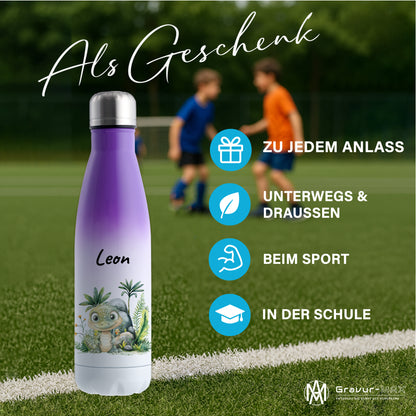 Trinkflasche mit Farbverlauf in Weiß/Violett 500ml aus Edelstahl bedruckt mit Dschungel Tieren"Krokodil" personalisierbar für Kinder mit Wunschname