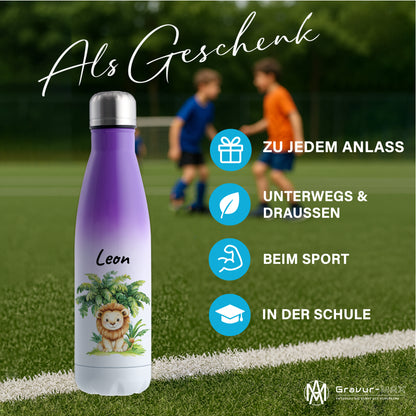 Trinkflasche mit Farbverlauf in Weiß/Violett 500ml aus Edelstahl bedruckt mit Dschungel Tieren"Löwe" personalisierbar für Kinder mit Wunschname