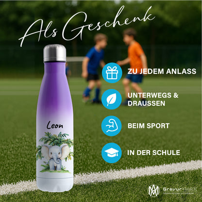 Trinkflasche mit Farbverlauf in Weiß/Violett 500ml aus Edelstahl bedruckt mit Dschungel Tieren"Elefant" personalisierbar für Kinder mit Wunschname