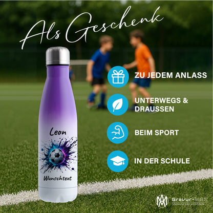 Thermoflasche 500ml in Weiß/Violett aus Edelstahl bedruckt "Fußball" Motiv10 personalisierbar mit Wunschname & Text