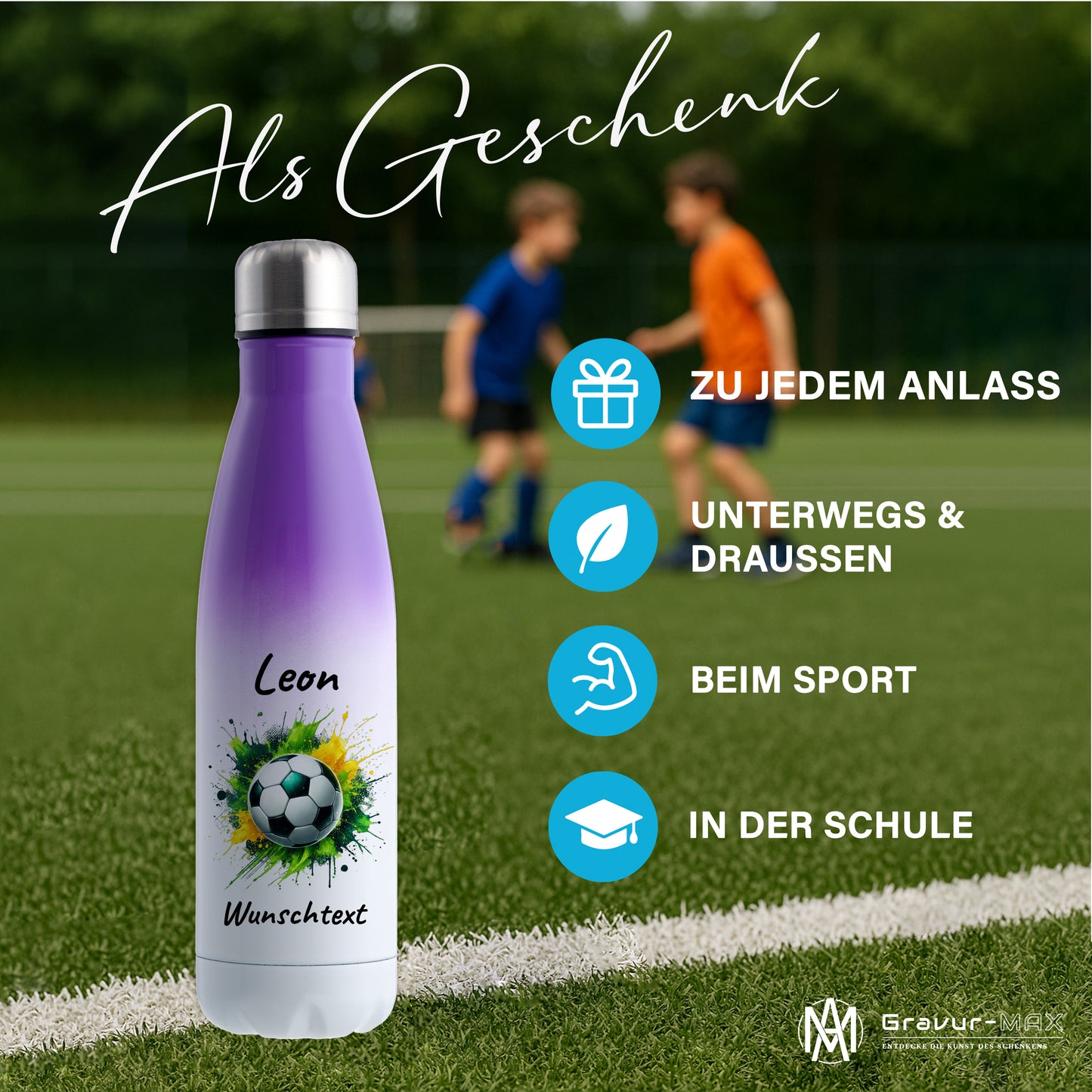 Thermoflasche 500ml in Weiß/Violett aus Edelstahl bedruckt "Fußball" Motiv11 personalisierbar mit Wunschname & Text