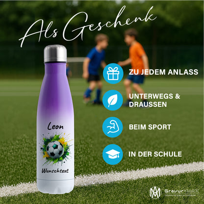 Thermoflasche 500ml in Weiß/Violett aus Edelstahl bedruckt "Fußball" Motiv11 personalisierbar mit Wunschname & Text