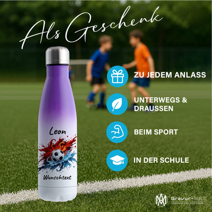 Thermoflasche 500ml in Weiß/Violett aus Edelstahl bedruckt "Fußball" Motiv12 personalisierbar mit Wunschname & Text