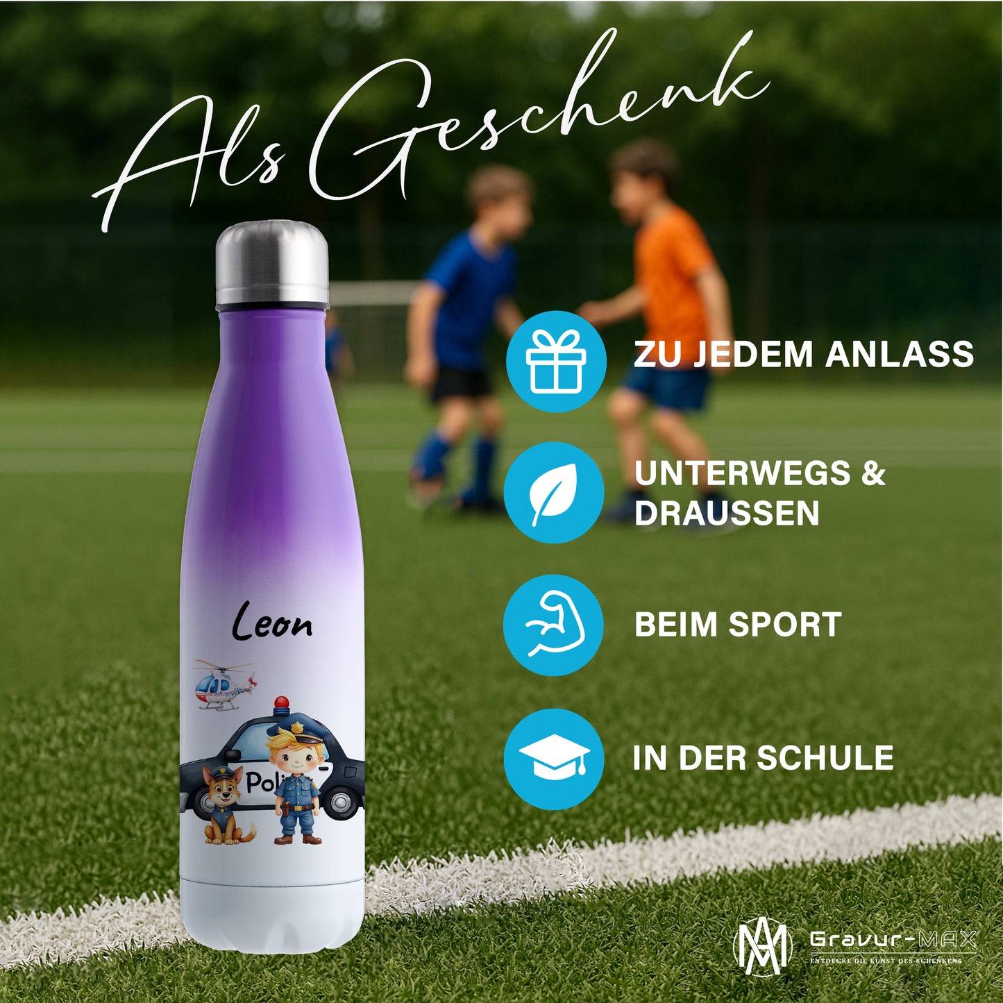 Thermoflasche 500ml in Weiß/Violett bedruckt mit tollen Motiven für Kinder "Polizei" personalisierbar mit Wunschname