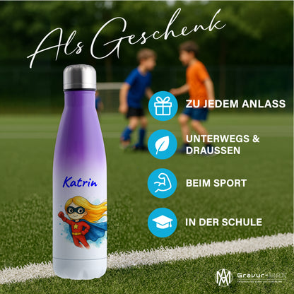 Thermoflasche 500ml in Weiß/Violett bedruckt mit tollen Motiven für Kinder "Superheldin" personalisierbar mit Wunschname