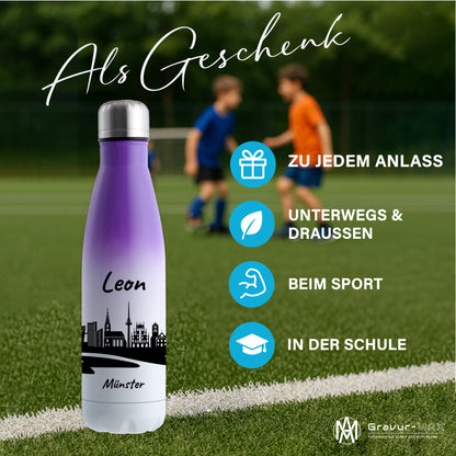 Trinkflasche in Weiß/Violett 500ml aus Edelstahl bedruckt mit der Skyline von Münster personalisierbar mit Wunschname