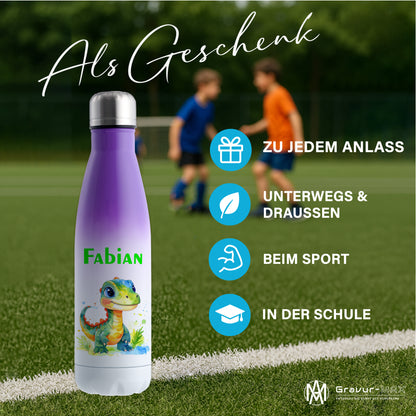 Thermoflasche 500ml in Weiß/Violett bedruckt mit tollen Motiven für Kinder "Dino Kinder" personalisierbar mit Wunschname