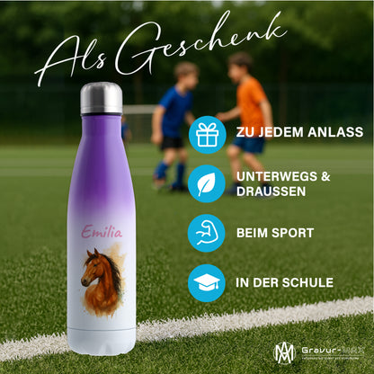 Thermoflasche 500ml in Weiß/Violett bedruckt mit tollen Motiven für Kinder "Pferd" personalisierbar mit Wunschname