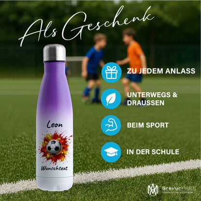 Thermoflasche 500ml in Weiß/Violett aus Edelstahl bedruckt "Fußball" Motiv9 personalisierbar mit Wunschname & Text