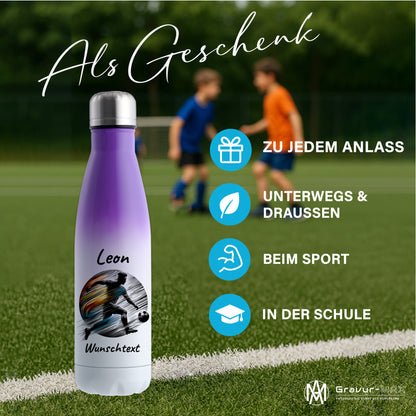 Thermoflasche 500ml in Weiß/Violett aus Edelstahl bedruckt "Fußball" Motiv2 personalisierbar mit Wunschname & Text