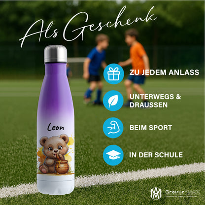 Trinkflasche in Weiß/Violett 500ml aus Edelstahl bedruckt mit niedlichen Tieren "Bär" personalisierbar für Kinder mit Wunschname