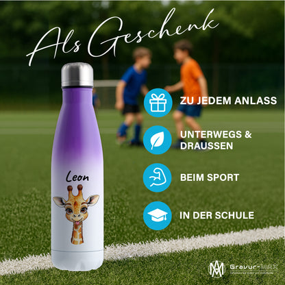 Trinkflasche in Weiß/Violett 500ml aus Edelstahl bedruckt mit niedlichen Tieren "Giraffe" personalisierbar für Kinder mit Wunschname