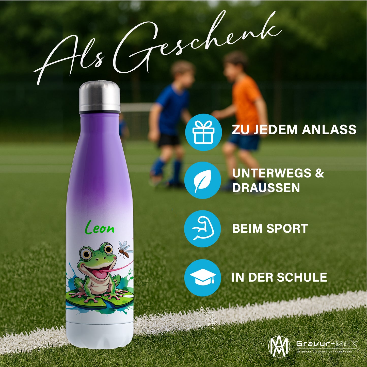Trinkflasche in Weiß/Violett 500ml aus Edelstahl bedruckt mit niedlichen Tieren "Frosch" personalisierbar für Kinder mit Wunschname