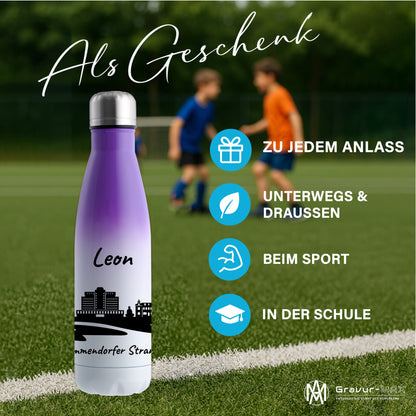 Trinkflasche in Weiß/Violett 500ml aus Edelstahl bedruckt mit der Skyline von Timmendorfer Strand personalisierbar mit Wunschname