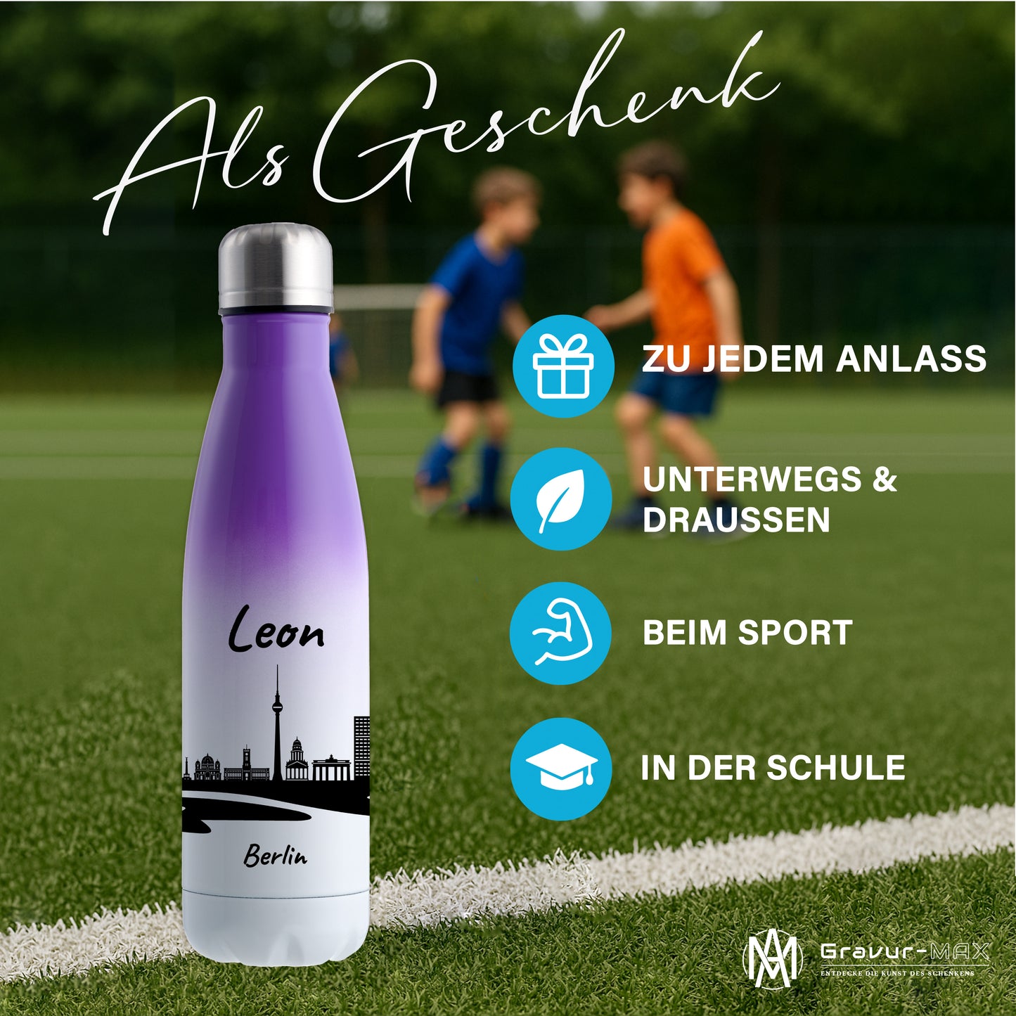 Trinkflasche in Weiß/Violett 500ml aus Edelstahl bedruckt mit der Skyline von Berlin personalisierbar mit Wunschname