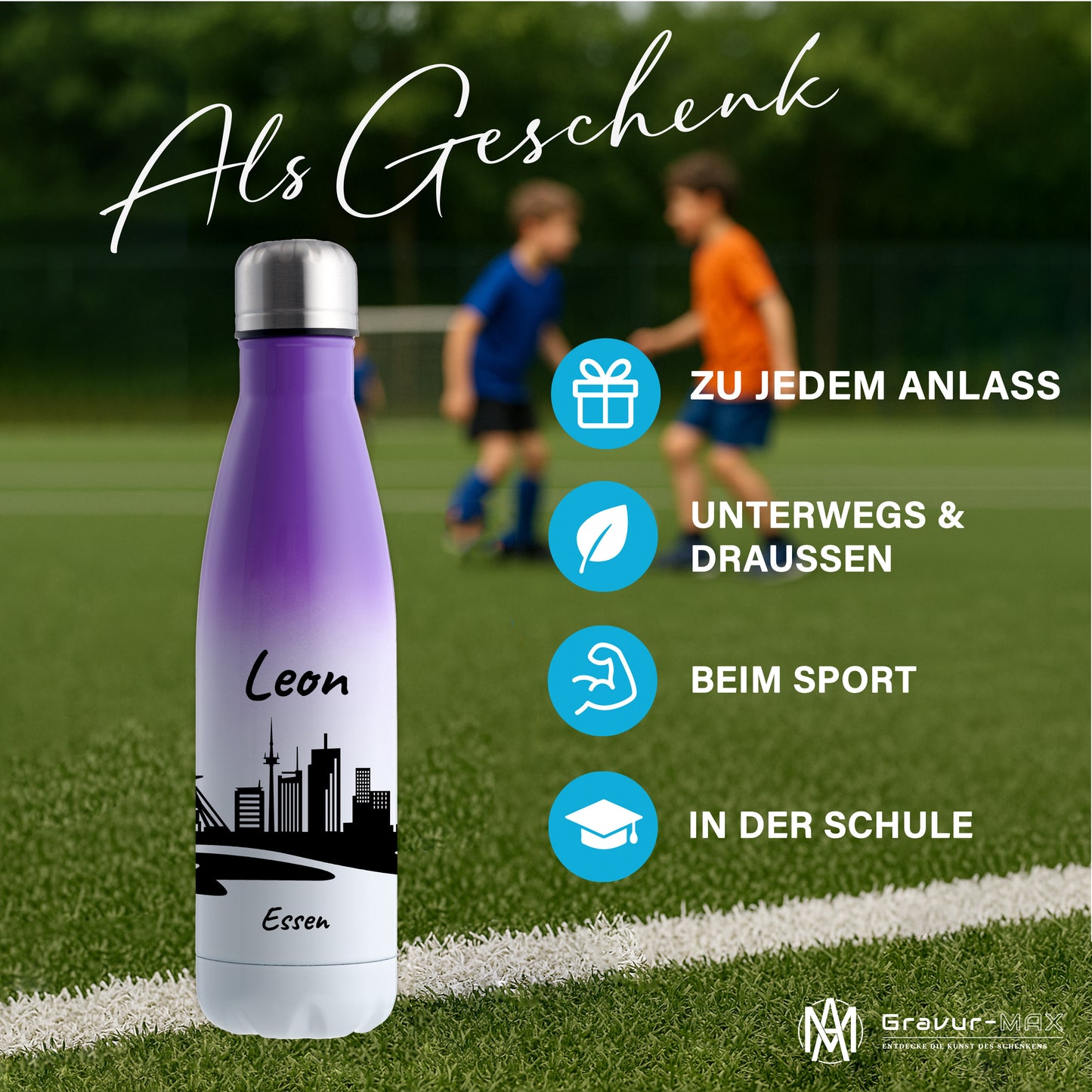 Trinkflasche in Weiß/Violett 500ml aus Edelstahl bedruckt mit der Skyline von Essen personalisierbar mit Wunschname