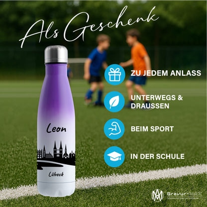 Trinkflasche in Weiß/Violett 500ml aus Edelstahl bedruckt mit der Skyline von Lübeck personalisierbar mit Wunschname
