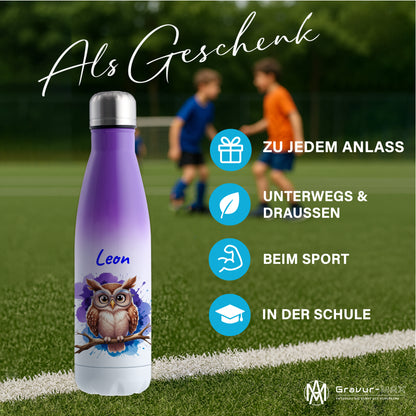 Trinkflasche in Weiß/Violett 500ml aus Edelstahl bedruckt mit niedlichen Tieren "Eule" personalisierbar für Kinder mit Wunschname