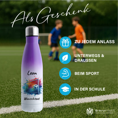 Thermoflasche 500ml in Weiß/Violett aus Edelstahl bedruckt "Fußball" Motiv5 personalisierbar mit Wunschname & Text