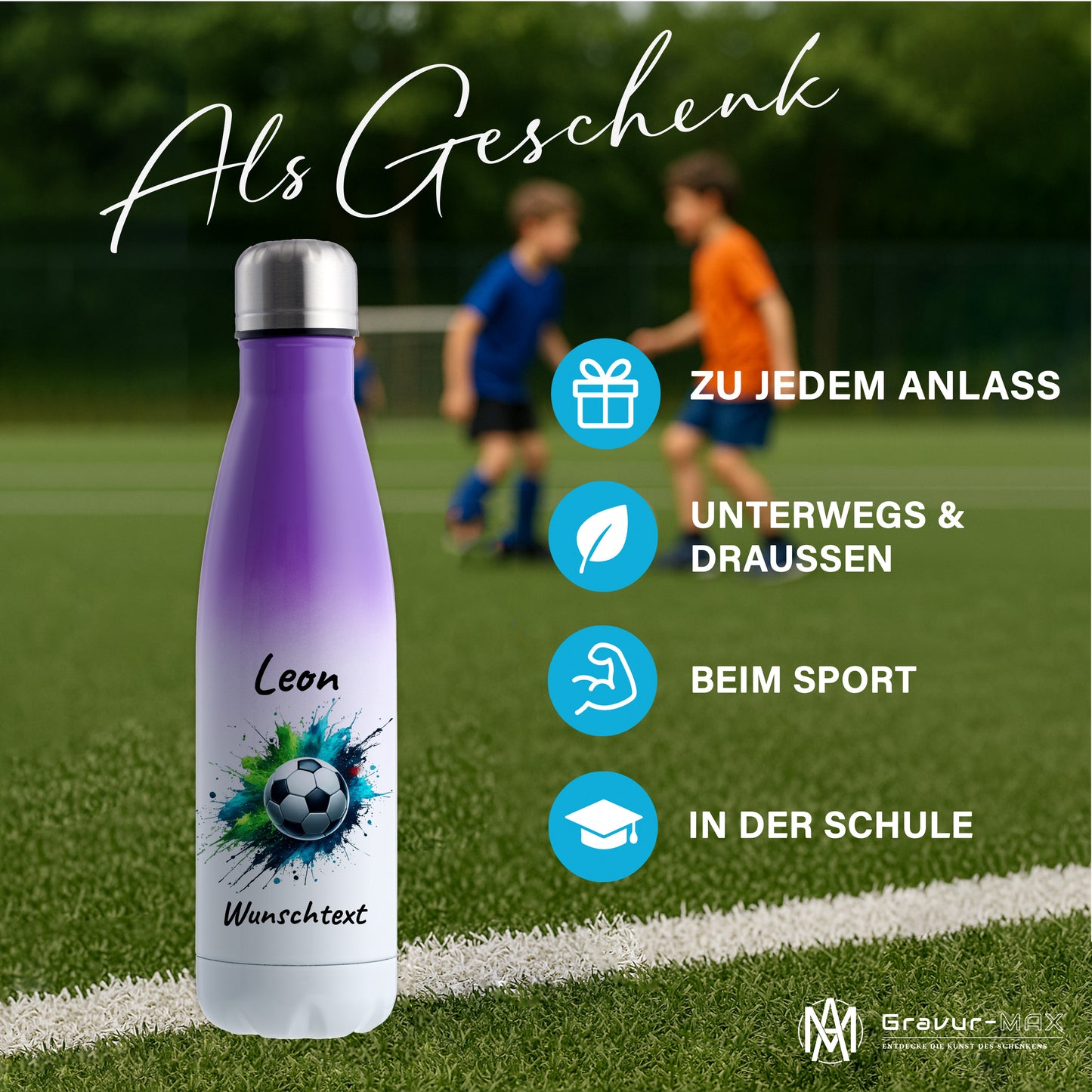 Thermoflasche 500ml in Weiß/Violett aus Edelstahl bedruckt "Fußball" Motiv8 personalisierbar mit Wunschname & Text