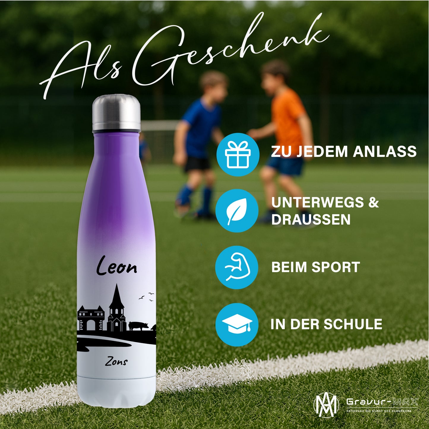 Trinkflasche in Weiß/Violett 500ml aus Edelstahl bedruckt mit der Skyline von Zons (Dormagen) personalisierbar mit Wunschname