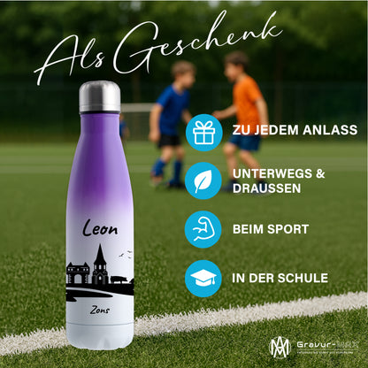 Trinkflasche in Weiß/Violett 500ml aus Edelstahl bedruckt mit der Skyline von Zons (Dormagen) personalisierbar mit Wunschname